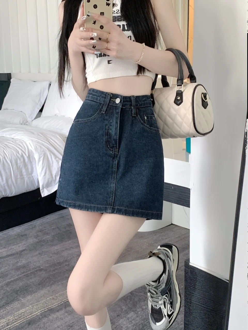 

plus Size Women's Denim Skirt High Waist A-Line Skirt ort Skirt Hip Concealing Slimming Pear aped Body Korean Sle