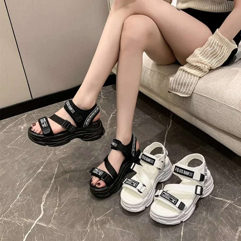 Aphixta 2024 New Summer Hook & Loop Platform Sandals Women Beach Cool 3cm Heel Shoes Letters Slides Plus Size