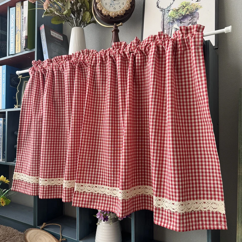 Plaid Lace Trim Kitchen Short Curtains Rod Pocket Window Valance Farmhouse Cafe Curtain for Cabinet Sink Bedroom Home Decor image 4