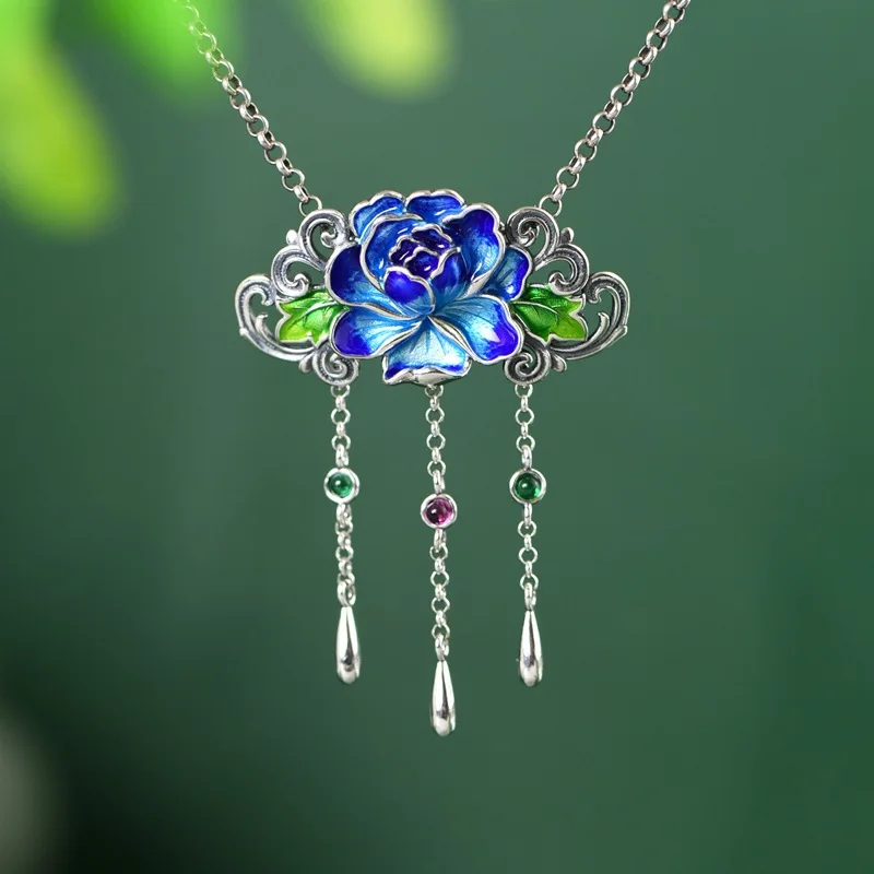 s925-silver-enamel-color-retro-thai-blue-peony-elegant-women's-necklace-pendant-world-style-out-fashion-jewelry-accesso
