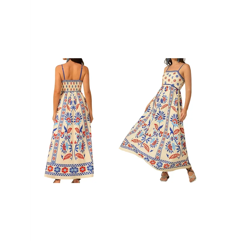 【SEE】สตรี 2025 ฤดูร้อนชุดแม็กซี่ลายดอกไม้แขนกุดสายสปาเก็ตตี้พิมพ์ Smocked Boho ชุดเดรสยาวชายหาด