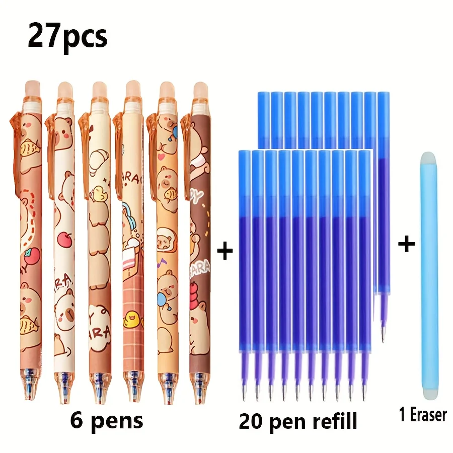 

27pcs Set - Capybara-Themed Erasable Gel Pens, Blue Ink, Retractable Design, Smooth Writing, Quick-Dry Office Accessories