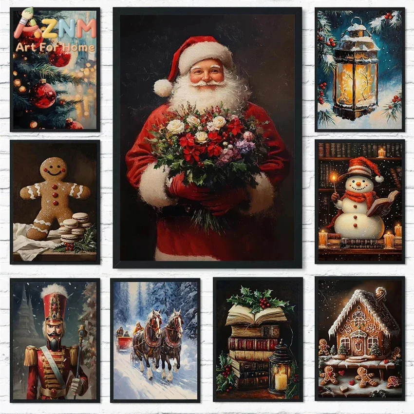 Christmas Holiday Decoration Painting Canvas Wall Art Santa Claus Christmas Tree Snowman Train Biscuits Canvas Poster Home Decor