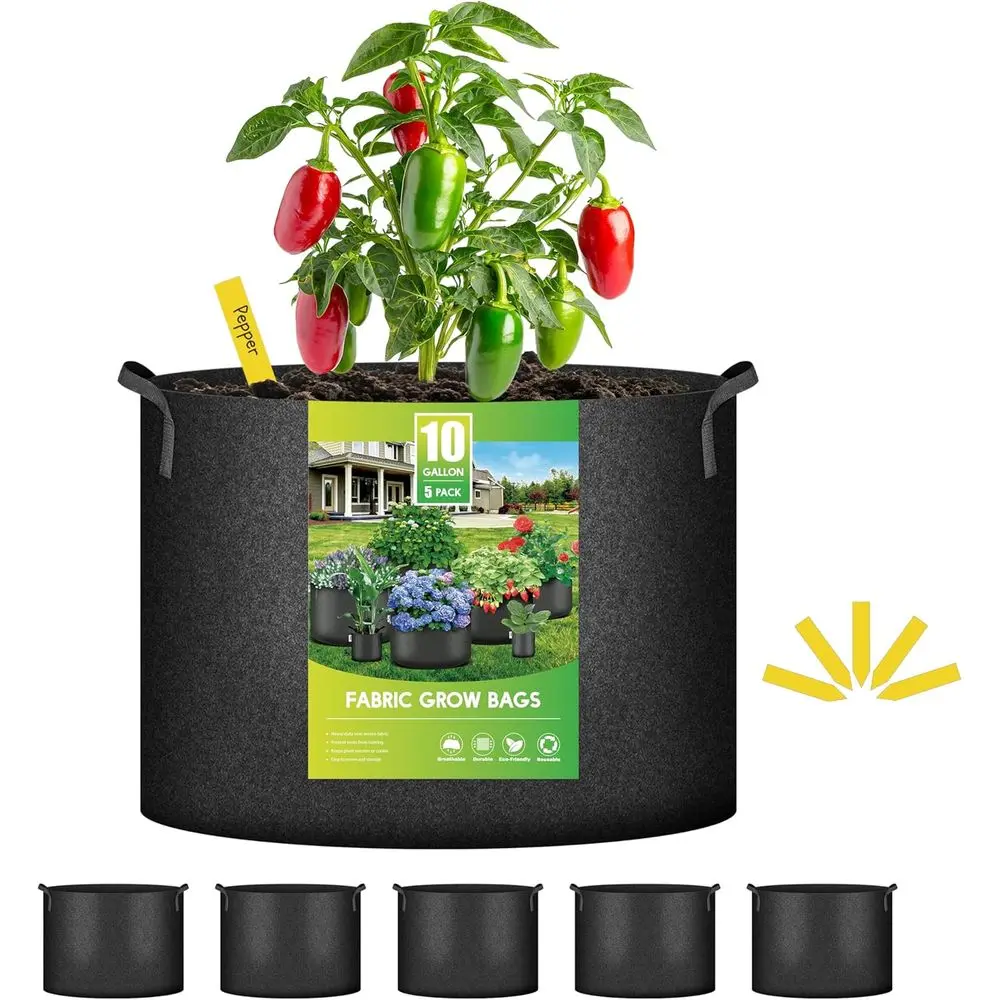 5-Pack 10 Gallon Plant Grow Bags Thickened Nonwoven Aeration Fabric Pots Heavy Duty Durable Container Garden, Black New