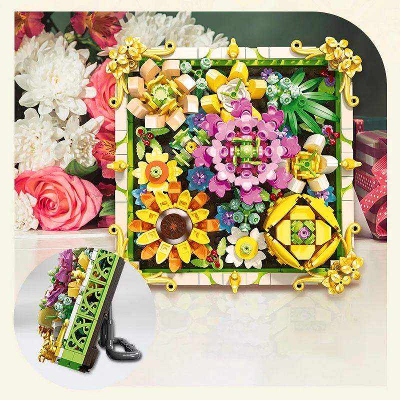 Idea Garofano Rosa Fiore di girasole MOC Building Block Modello di costruzione Mattone Cornice per foto 3D Collezione di giocattoli per ragazze Regalo