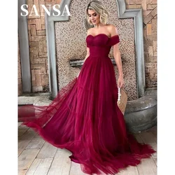 Sansa Burgundy Short Sleeve فساتين السهرة Multilayer Prom Dress Sexy Off Shoulder Vestidos De Noche Hot Pink A-line Party Dress