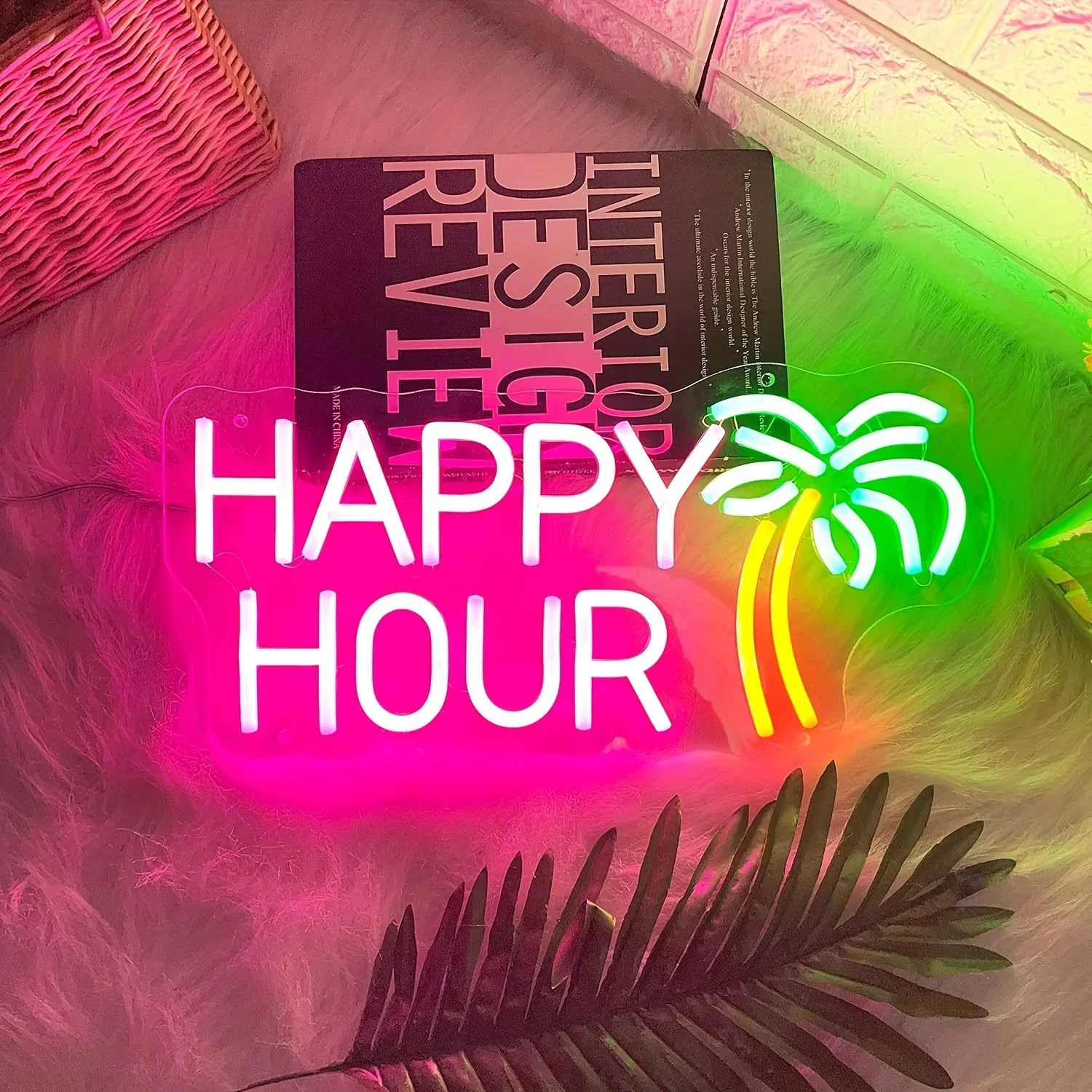 Happy Hour LED Neon Sign, cocco Palm Tree Pink Neon Light, Wall Decor Light Sign, Home Bar Club Coffee Bar decorazione dell\'hotel