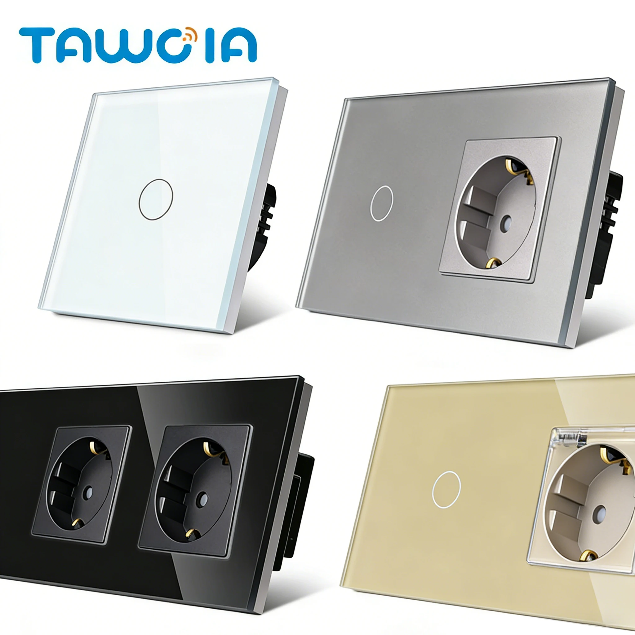 TAWOIA 300W Glass Touch Switch 1 Gang 1 Way Light Touch EU Standard Wall Power Socket 16A 250V with Child Safety Door