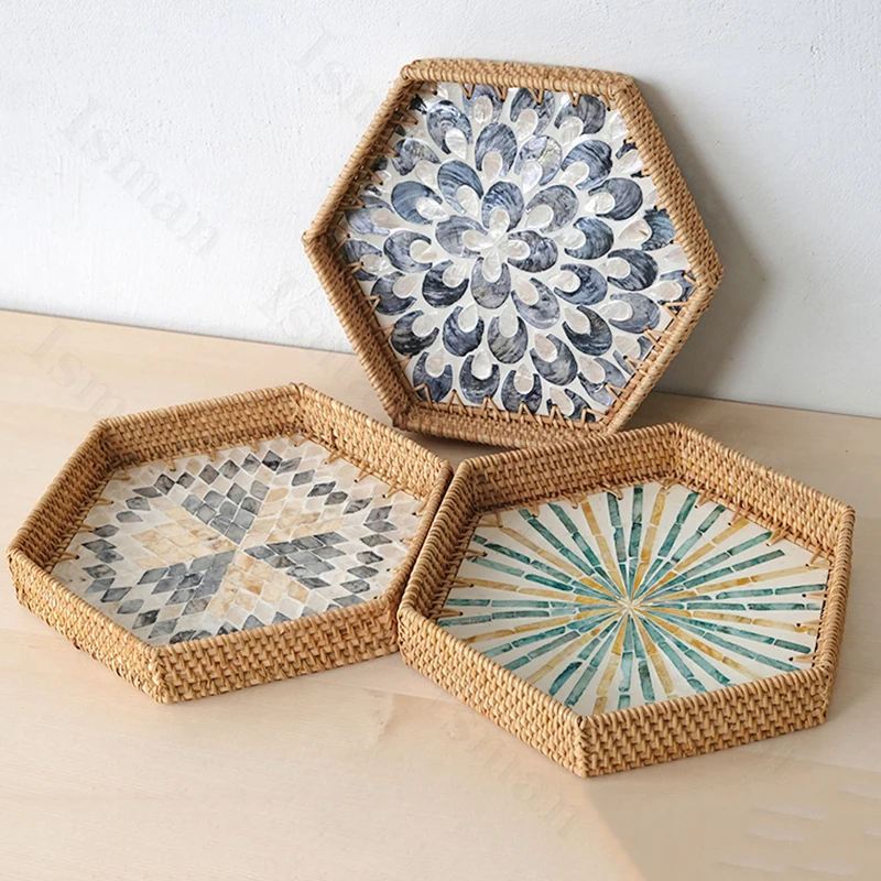 

Creative Shell Hexagon Tray European Natural Caibei Autumn Rattan Weaving Coffee Table Trays Decorative Living Room Decoration