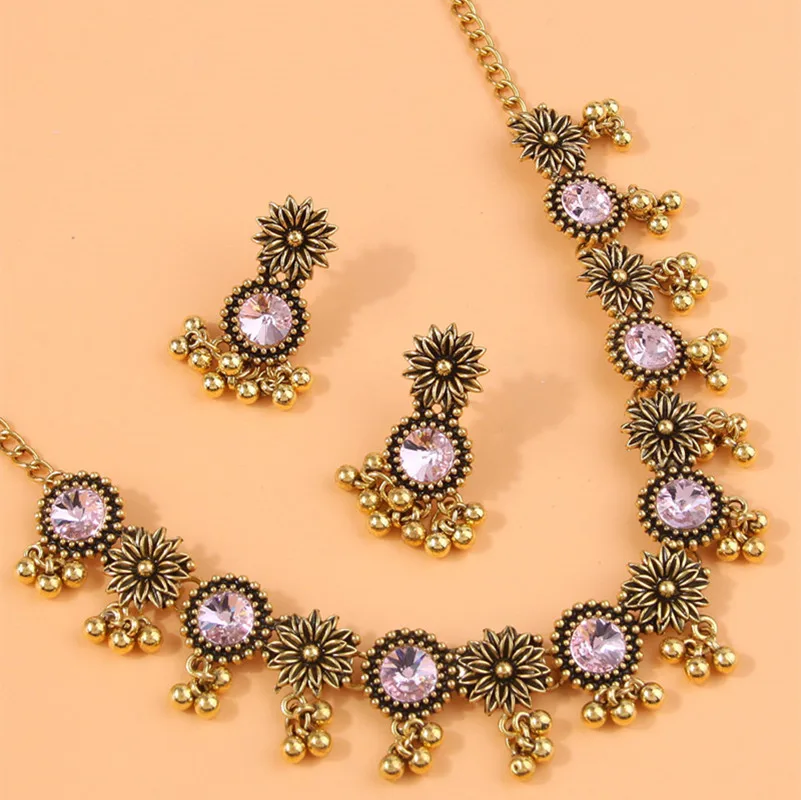 Vintage Crystal Flower Chunky Necklace Earrings For Women Vintage Metal Ball Beads Decoration Jewelry Set