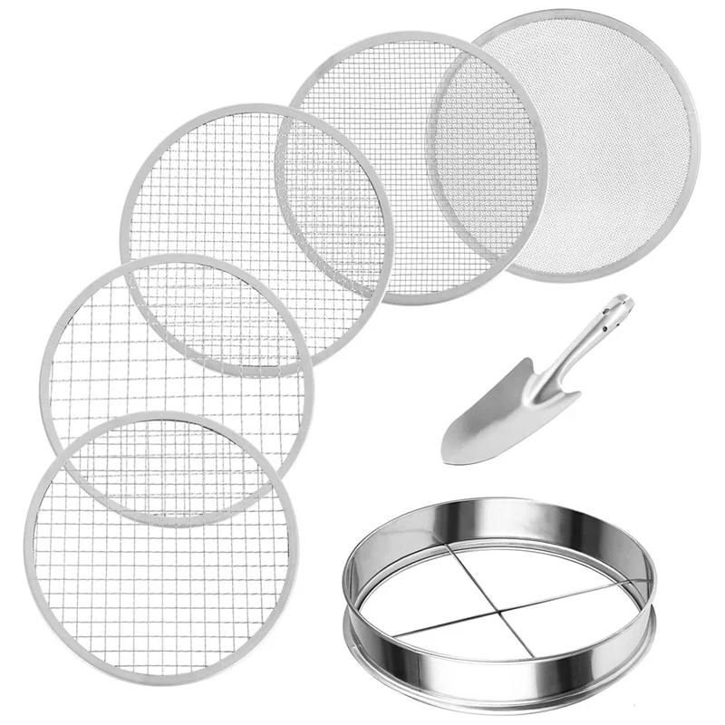 

T02C!Soil Sifter Stainless Steel Riddle Sieve Set For Gardening With 5 Sizes 8In Diameter 1/3/6/9/12Mm Interchangeable Meshes Du