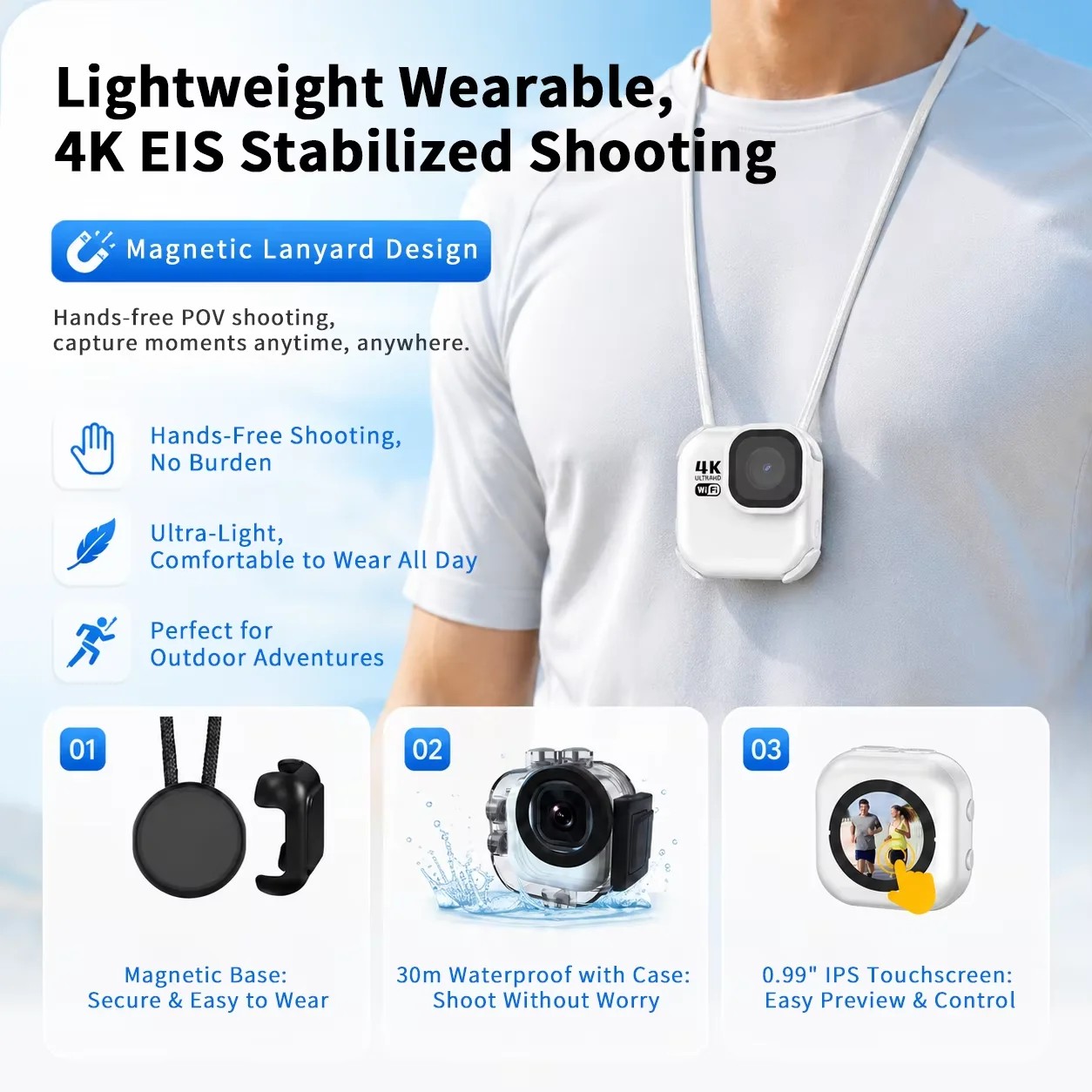 H8Pro 4K 60FPS Sports Camera 0.99-inch IPS Touchscreen Waterproof Wearable POV Camera Mini WiFi Action Camera Thumb POV Camera