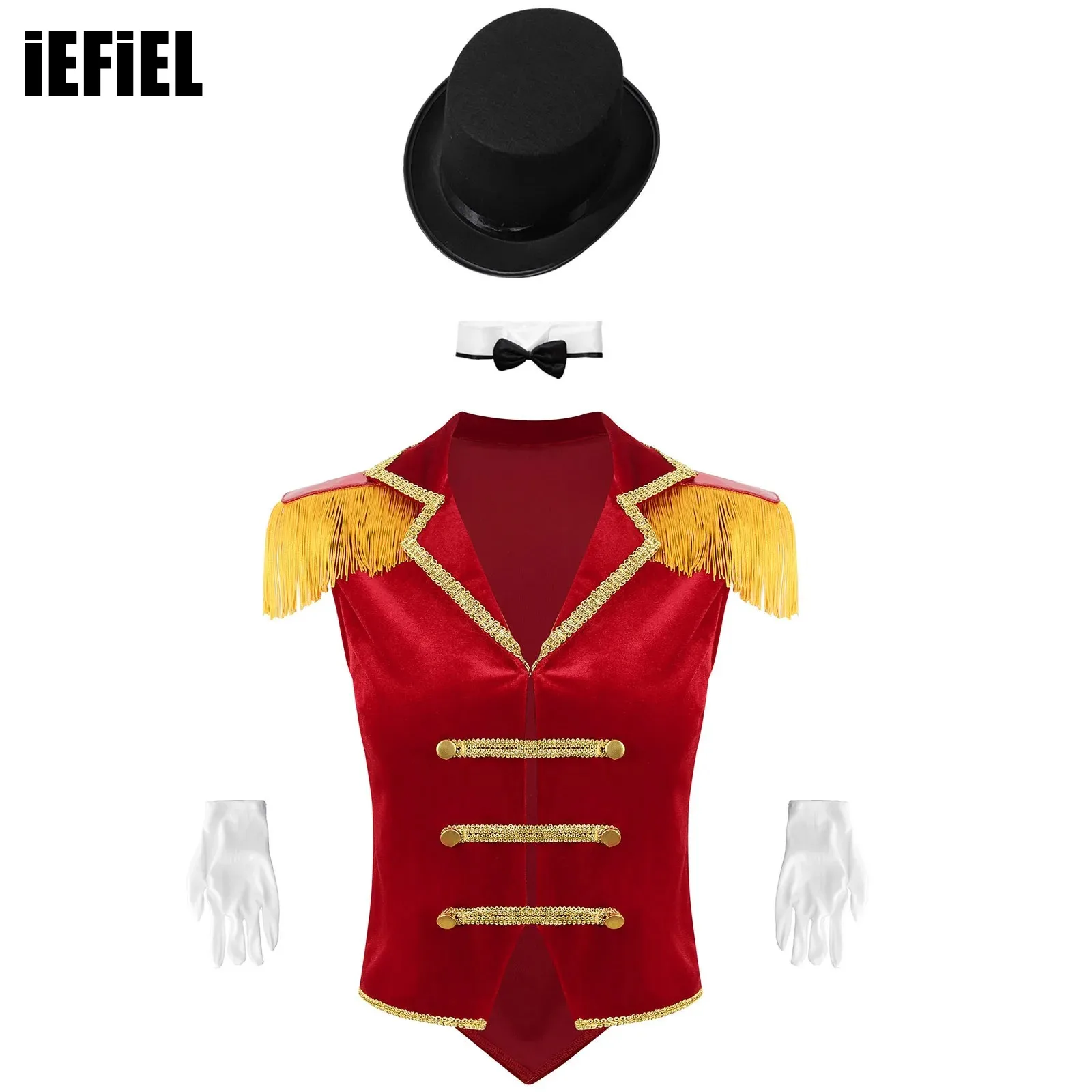 

Womens Circus Ringmaster Costume Set Sleeveless Lapel Fringed Shoulder Tops with Hat Collar Gloves for Carnival Performance