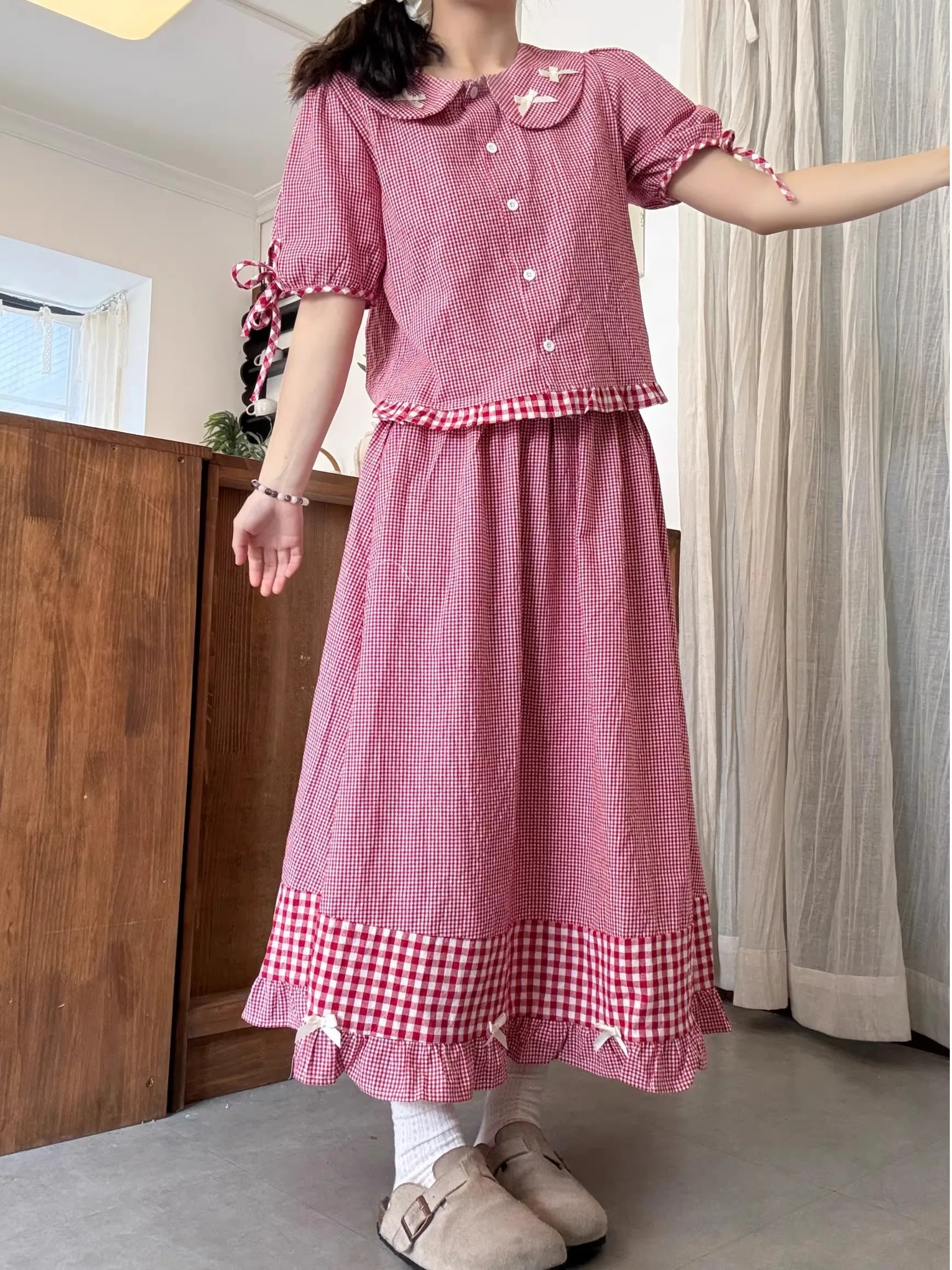 

Faionable Plaid Set Women's Summer 2025 New Doll Collar irt Top High Waist Skirt Two-Piece Suit Polyester Fiber or...
