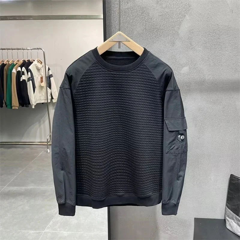 

New Spring Autumn Patchwork Sweatshirts Men's Versatile Casual Loose Teachwear Shirt Sleeve Pocket Round Neck Pullover Tops