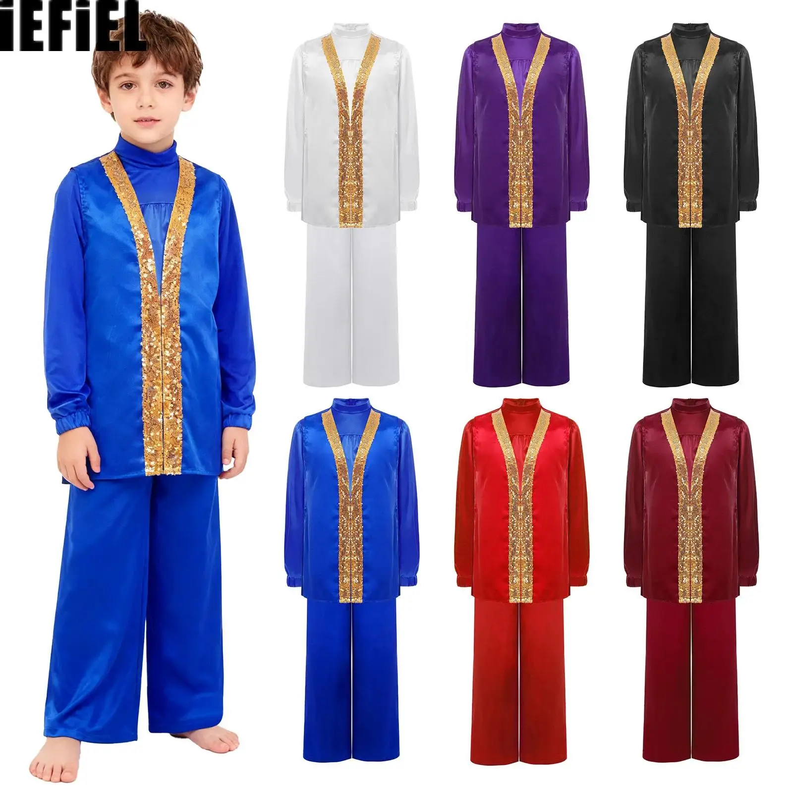 

Kids Boys Praise Dance Sets Mock Neck Satin Top with Elastic Waistband Wide-Leg Satin Pants And Sides Split Satin Robe