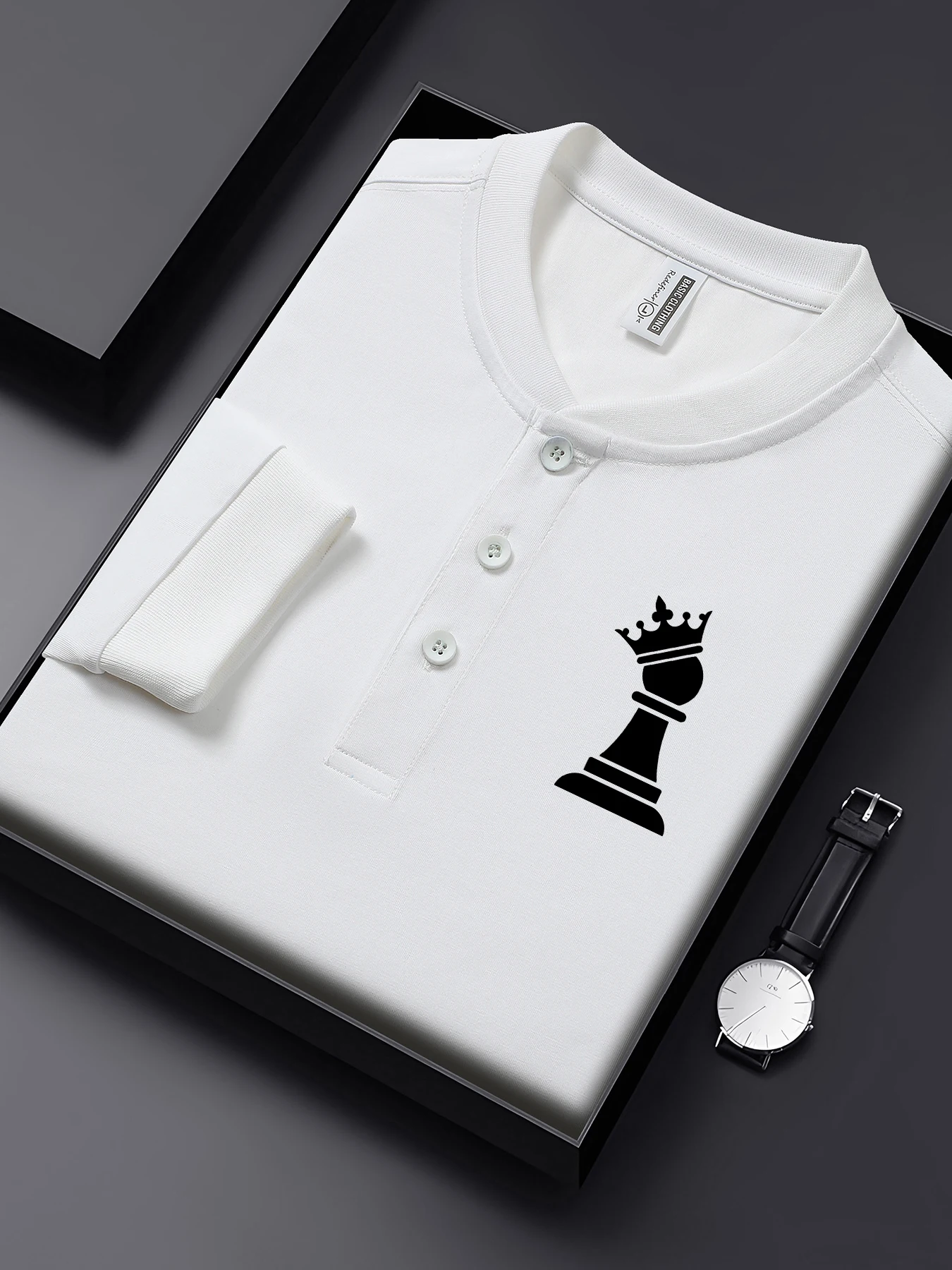 

Chess Crown Simple Printed Long Sleeves Man Casual Henry Neck Top Cotton Autumn Clothing Loose Comfortable Henley Shirts