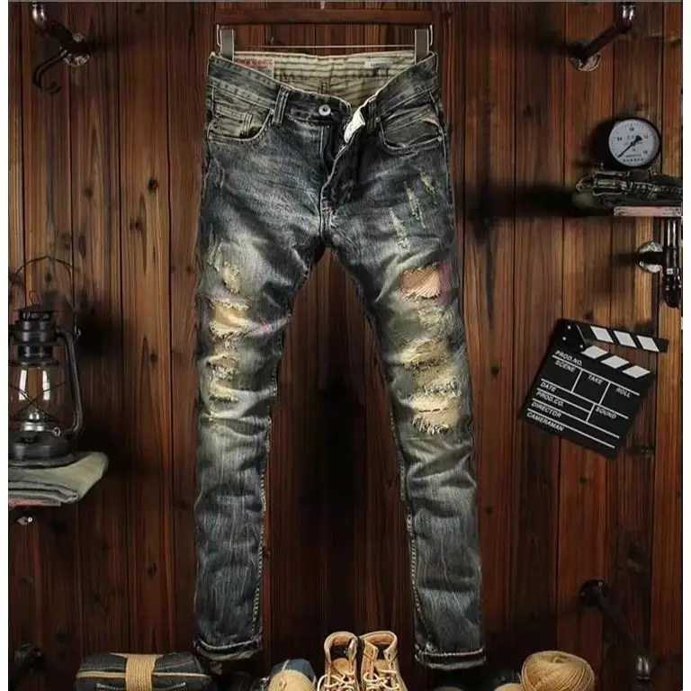 Autumn and Winter High-end Slim-fit Elastic Jeans Men's Light Holes Beggar Patch Nostalgic Small Feet Trousers Cargo Work Pants