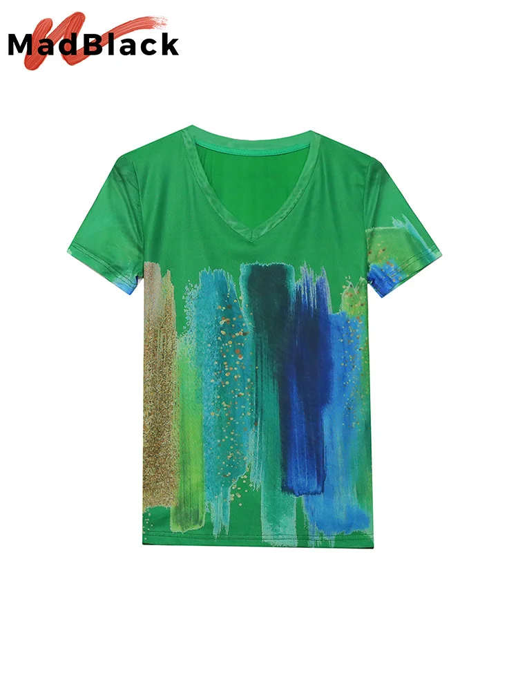 MadBlack Summer European Clothes Thin T-Shirt Chic V-Neck Print Mesh Color Blocking Tops Short Sleeve 2022 New Tees T26003L