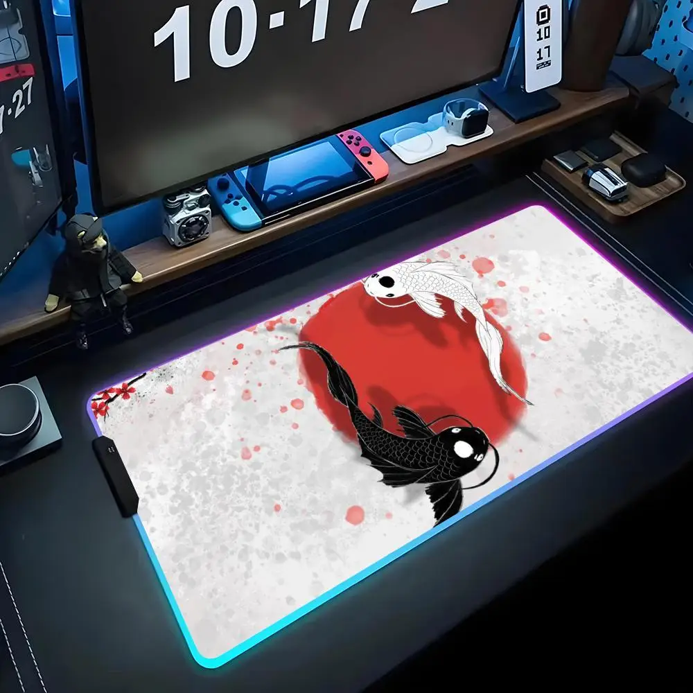 

anime koi fish Mouse Pad RGB Gaming Mousepad Big LED Pad PC Desk Mat Luminous Mouse Pad Large Keyboard Mats Table Rug With