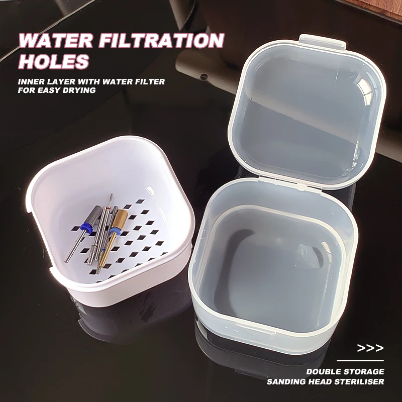 1 Box 8.2X6.9 CM Square Double-layer Nail Drill Bits Disinfection Box White And Pink Reinforced Cleaning Nail Sterilization Box