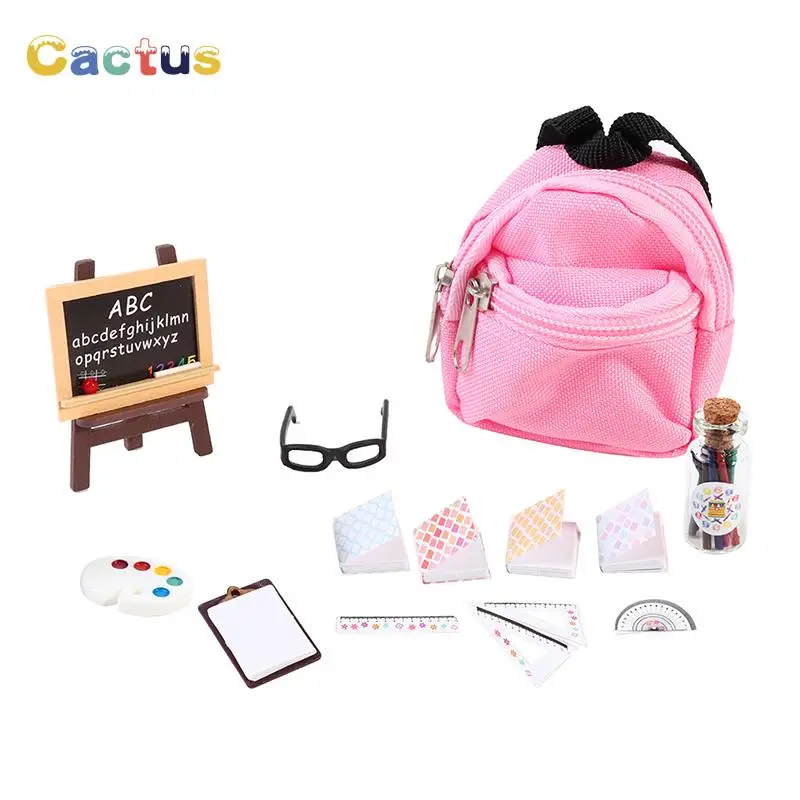 1 Set 1/12 Dollhouse Mini Creative School Bag Books Pen Ruler Glasses Blackboard School Supplies Model Doll House Accessories