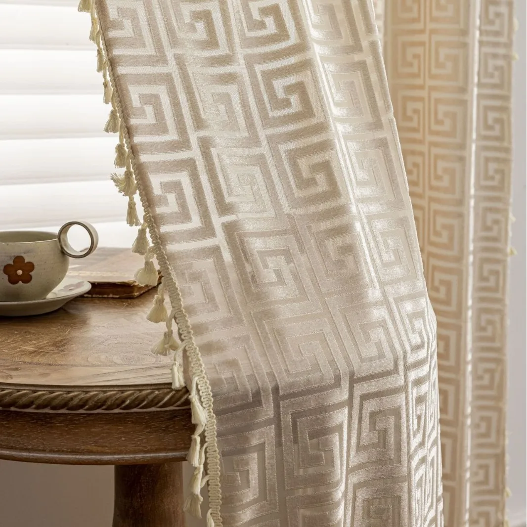 Boho Geometric Greek Key Sheer Curtain Tassel Edge Semi Transparent Window Curtain For Living Room Bedroom Home Decor