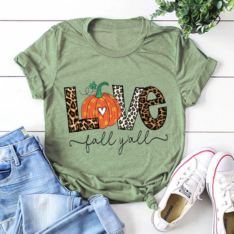 Love Fall Y'All Shirt Leopard Print Fall Tshirt Thanksgiving Hello Pumpkin Top Fall Vibes Peace Thanksgiving Family Clothes L