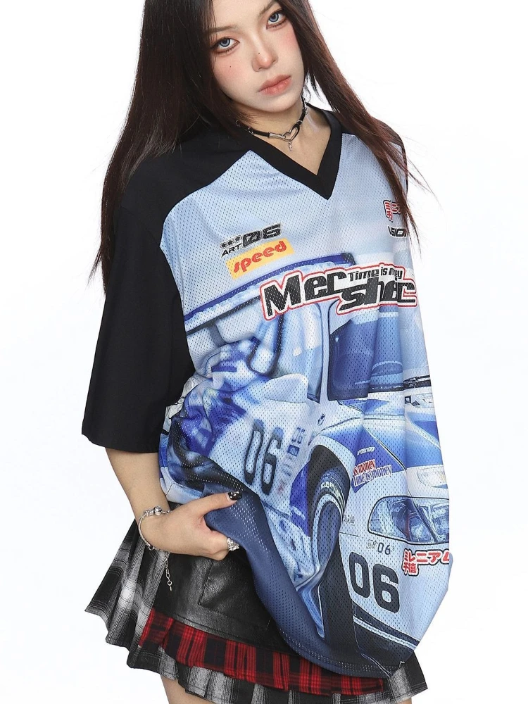 อเมริกันRetroตาข่ายRacingพิมพ์กราฟิกTเสื้อแขนสั้นVคอTเสื้อผู้หญิง 2025 ขนาดใหญ่เสื้อT Streetwearกีฬา