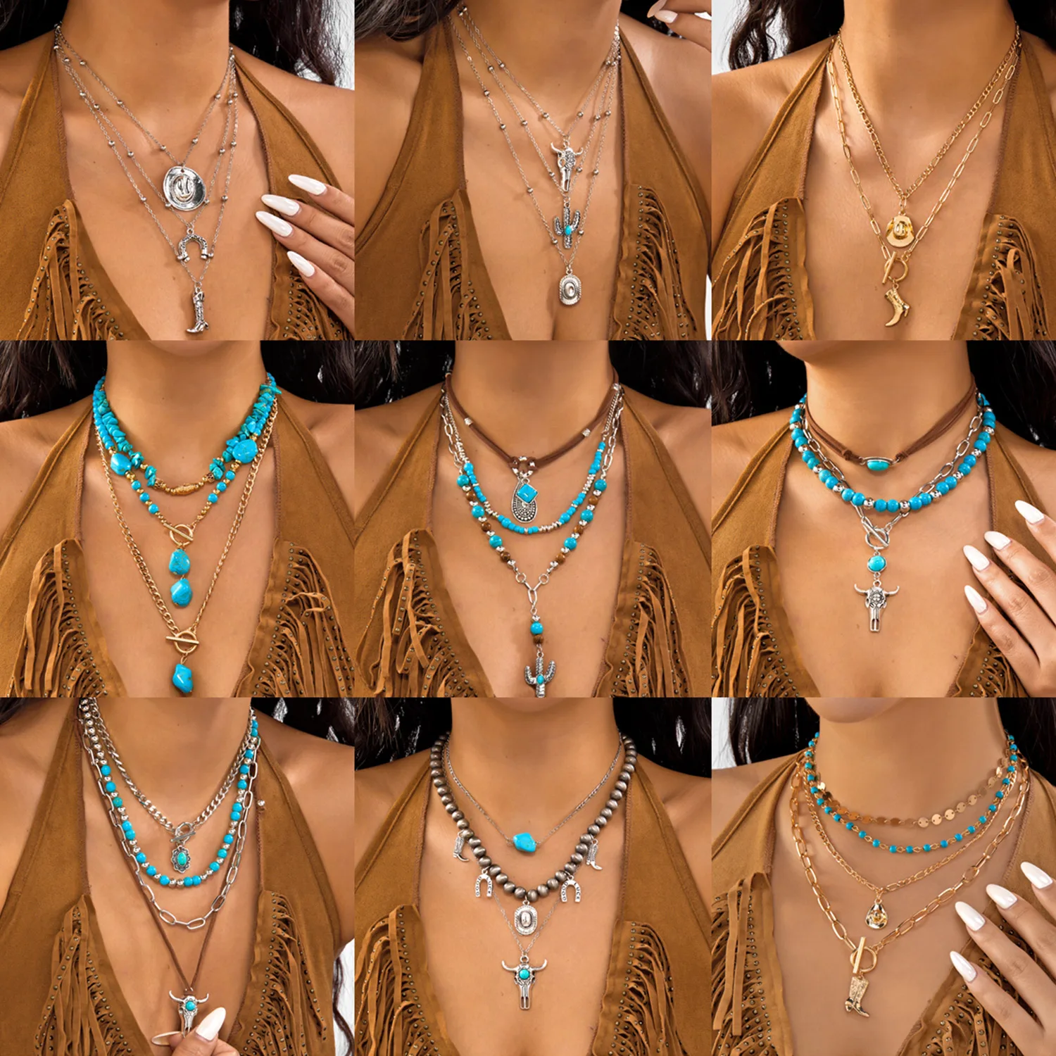 Vintage Blaue Stein Perlen Choker Halsketten Set für Frauen Böhmen Geometrie Bull Kopf Anhänger Halsketten Party Schmuck Geschenke – Detail 1