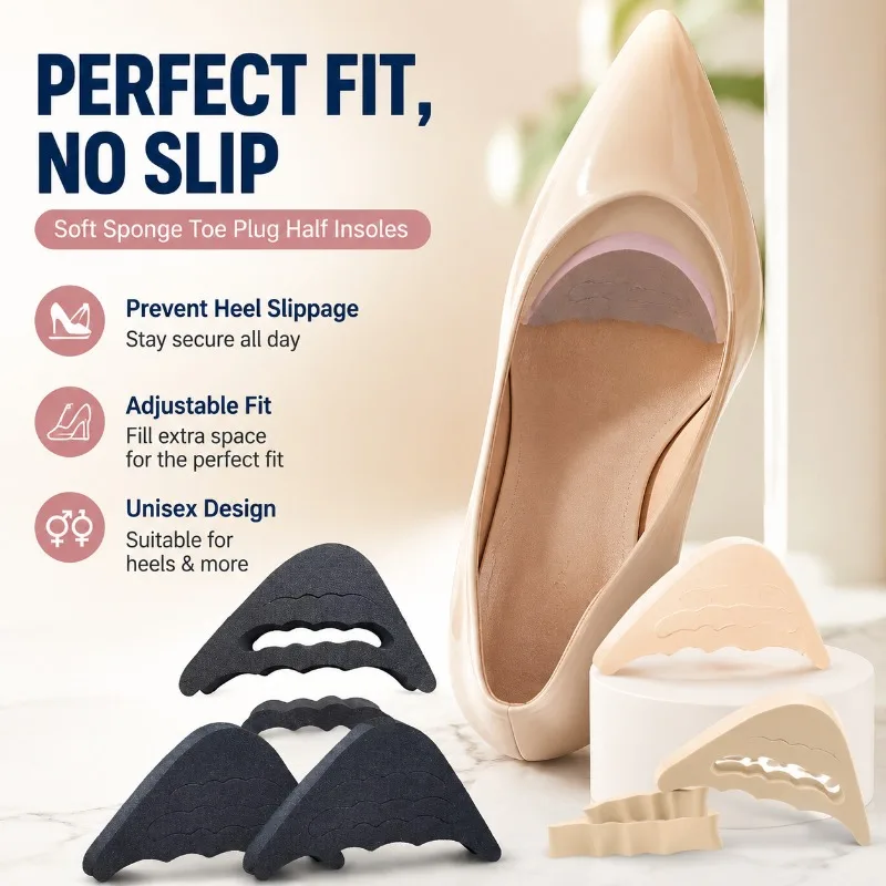 Soft Sponge Toe Plug Half Insoles Reusable Shoe Filler for Big Shoes Adjustable Fit, Prevent Heel Slippage, Unisex for Heels