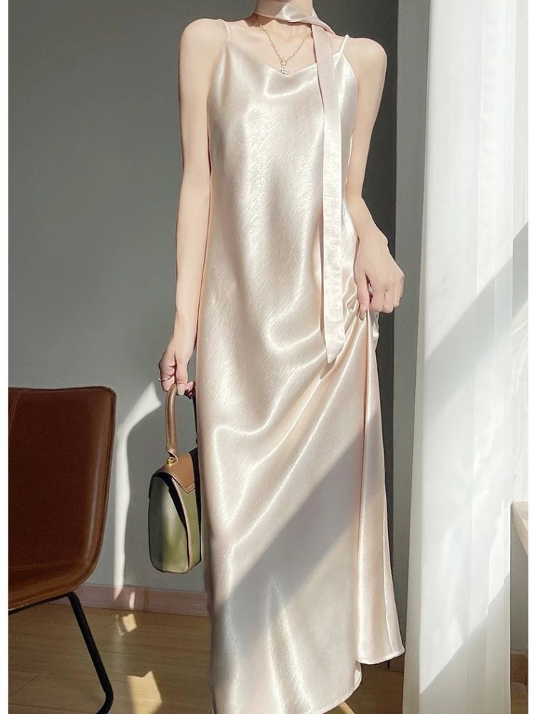French Elegant Satin Camis Dress Women Summer Loose with Ribbon Midi Dress Female Fashion Aesthetic Party Evening Slip Dress