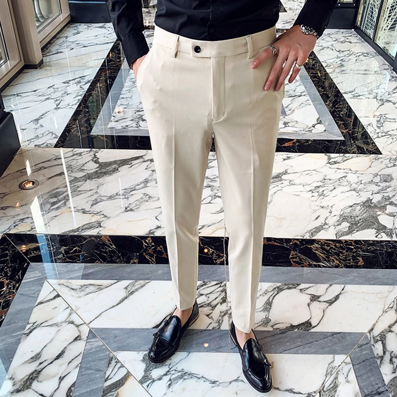 Boutique Fashion Solid Color Mens White Business Casual Suit Pants Male Slim Casual Trousers Wedding Dress Suit Pants