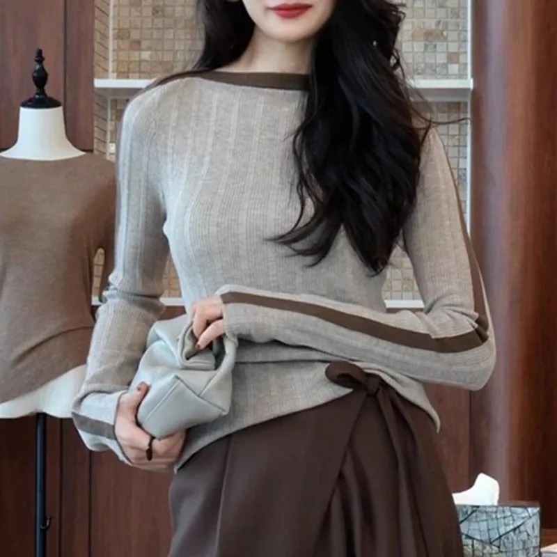 Women Color Block Boat Neck Knit Top Long Sleeve Slim Fit Elegant Autumn Casual Shirt