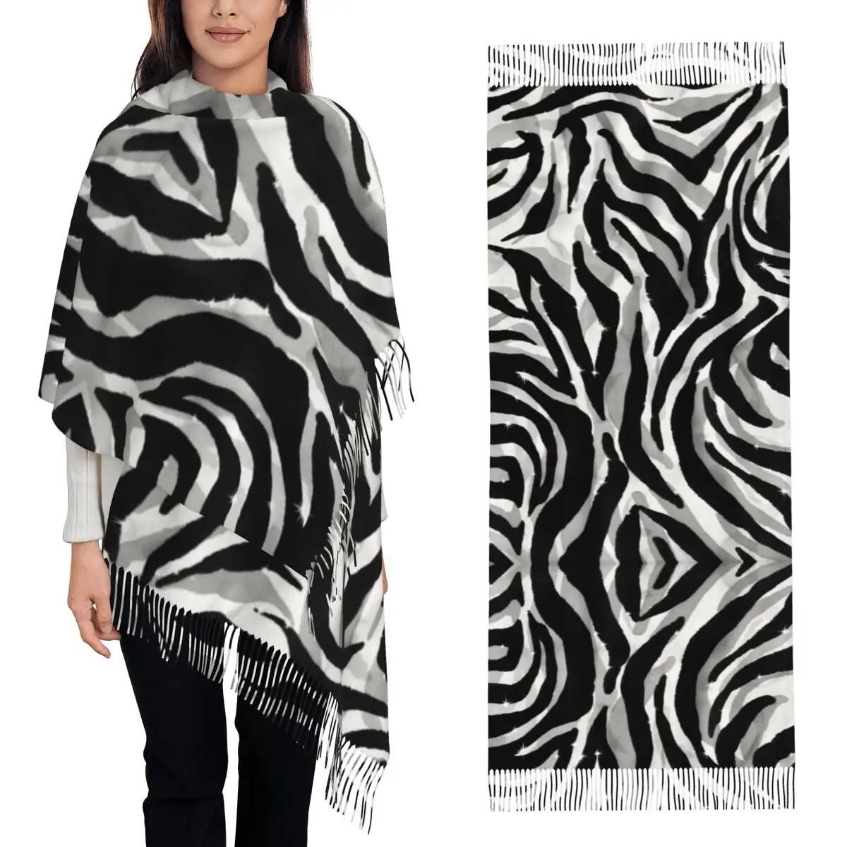 

Черно-белый шарф с принтом зебры в полоску с геометрическим рисунком животных, шарф с кисточками, женские шаль и накидки, длинная осенне-зимняя шаль