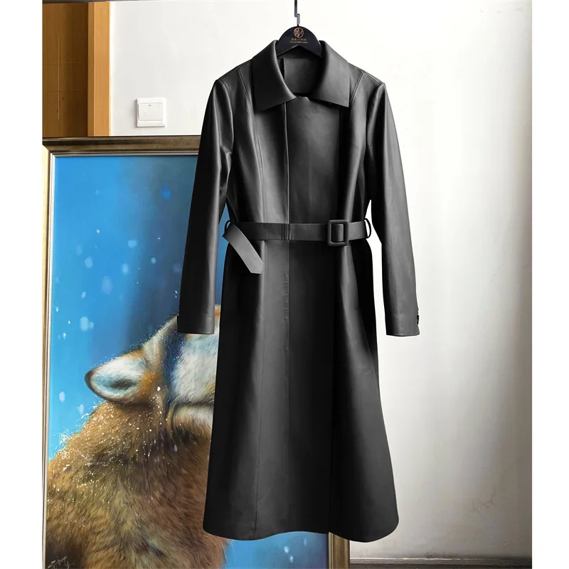 2023 Real Sheep Leather Trench Women New Simple Genuine Sheepskin Leather Windbreaker E17