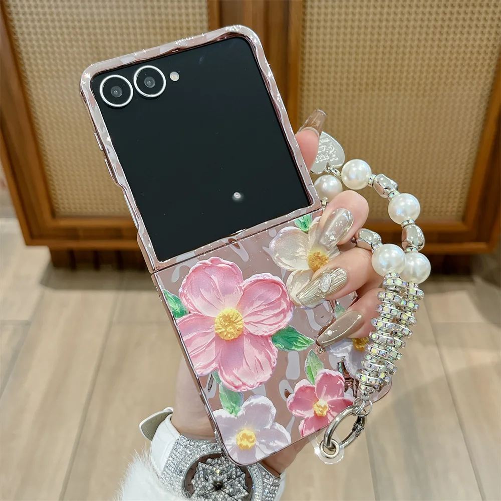 Cute 3D Oil Painting Floral Phone Case For Samsung Galaxy Z Flip8 7 6 5 Z Flip8 Pearl Rhinestone Shockproof Protective Cover