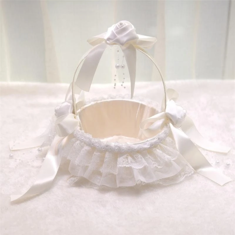 G92C Wedding Flower Girl Baskets with Flower Handle Lace Ruffle Bowknot Flower Basket