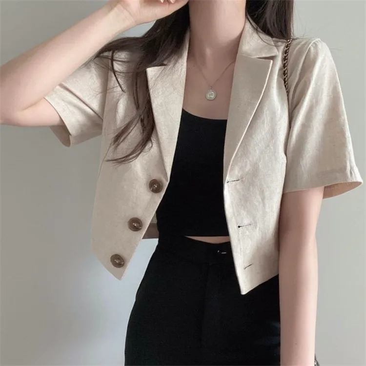 

Korean Style Pure Color Short Sleeve Cotton Linen Casual Women's Jacket Spring Summer New Arrival Short Length Trendy Outerwear