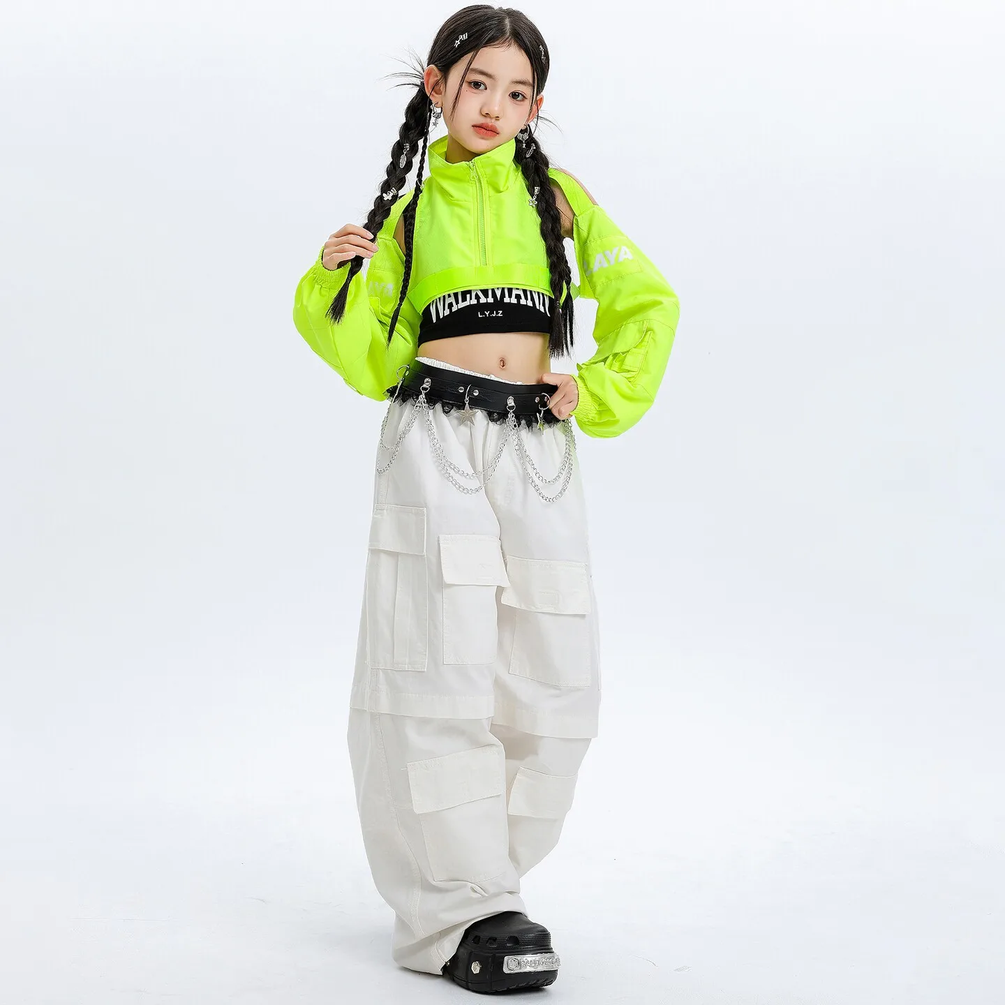 Kid Kpop Hip Hop Clothing Green Off Shoulder Crop Top White Multi Pockets Wide Cargo Pants for Girl Street Dance Costume Clothes