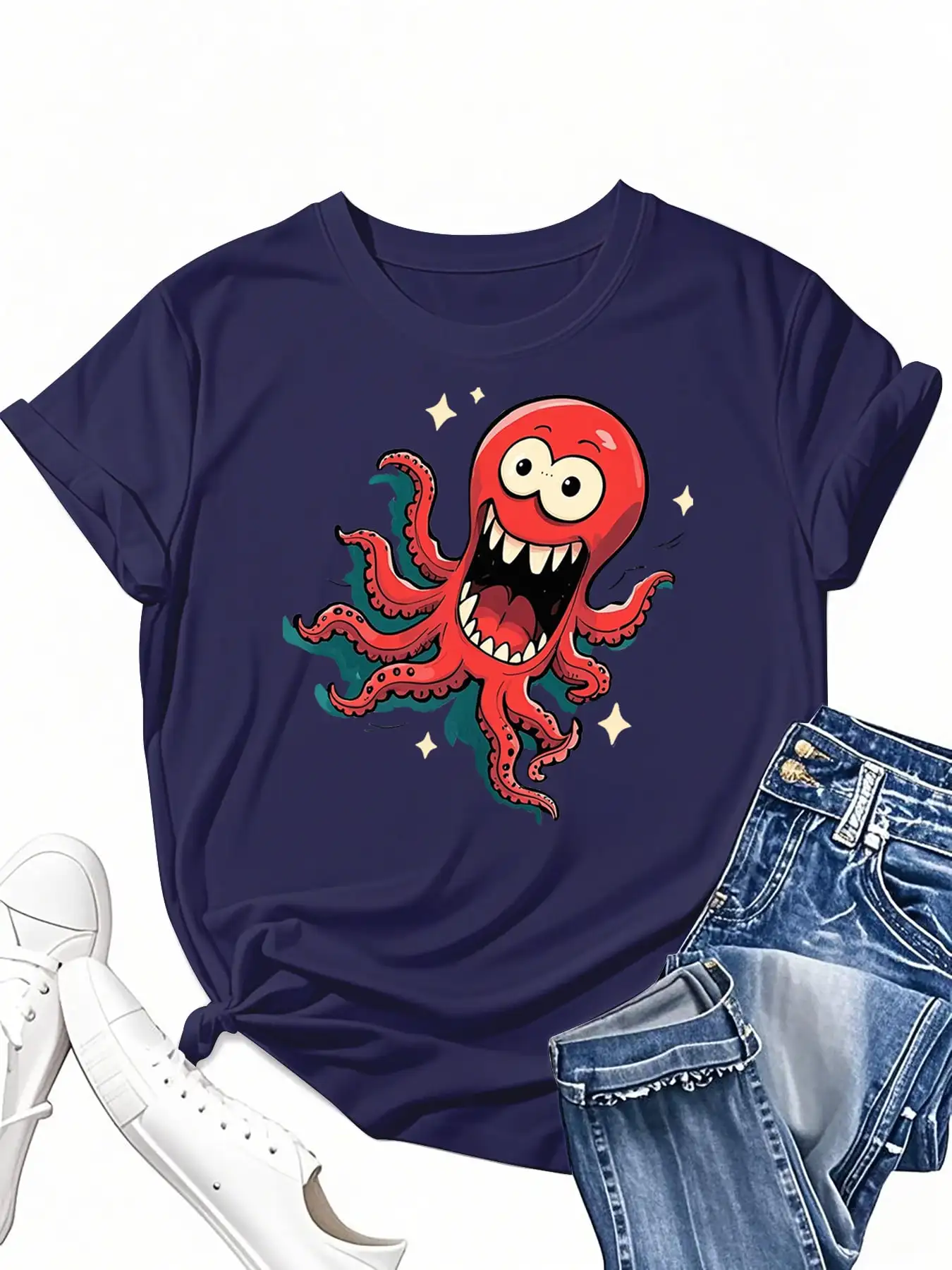 

Летние наряды больших размеров с круглым вырезом, причудливая красная футболка с принтом осьминога и короткими рукавами, футболки с графическим рисунком, женские топы