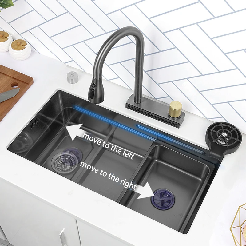 Black 304 Stainless Steel Waterfall Sink Undermount Kitchen Sink Single Bowl With Waterfall Faucet  For Kitchen Renovation