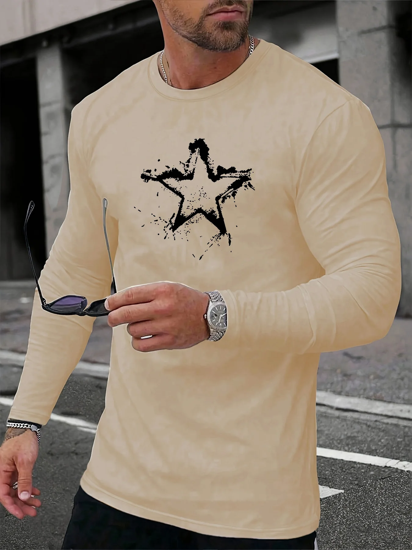 

2026 Мужская повседневная удобная футболка с круглым вырезом и длинными рукавами для спорта и отдыха со звездами на весну и осень, топ