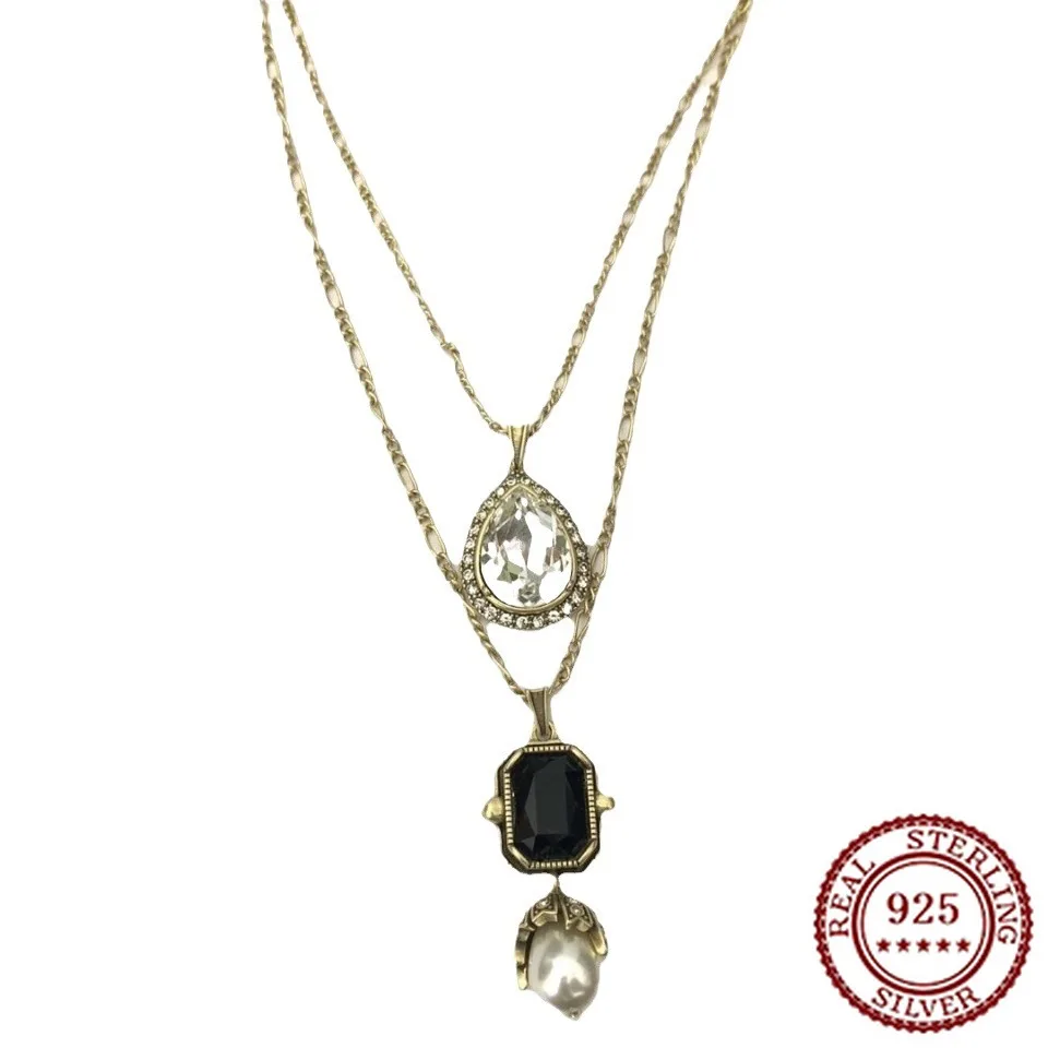 

2025 New Trendy Classic Waterdrop Double Layer Chain Clavicle Chain Women's Diamond Set Pearl Geometric Necklace