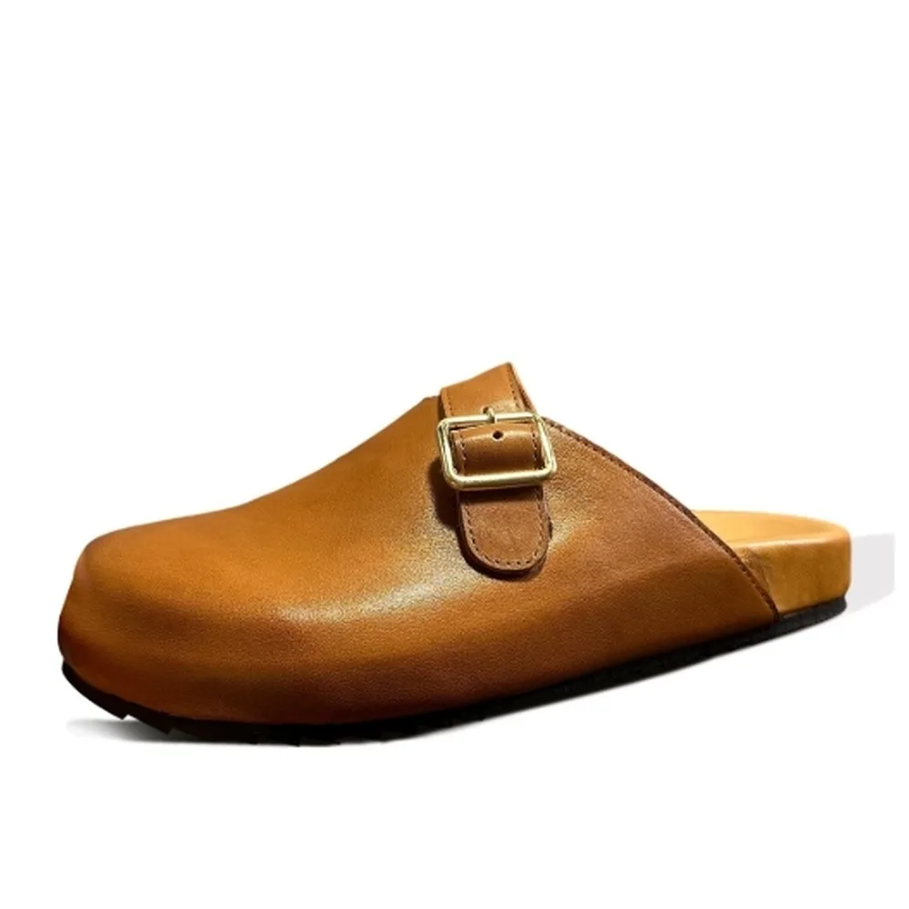 Men's brownish-yellow cowhide low heel front slip-on wooden midsole non-slip outdoor casual shoes