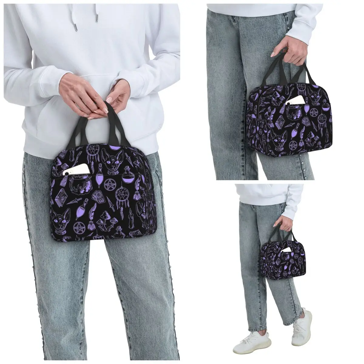 Cat Heads Witch Element And Skeleton Insulated Lunch Bag for Office Cooler Thermal Food Box Tote Leakproof Lunch Boxes Container