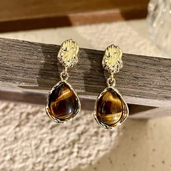 Luxury Autumn Winter Water Drop Earclips Female Resin Opal Maillard Brown Stone Clip on Earrings Non Pierced for Women Lady