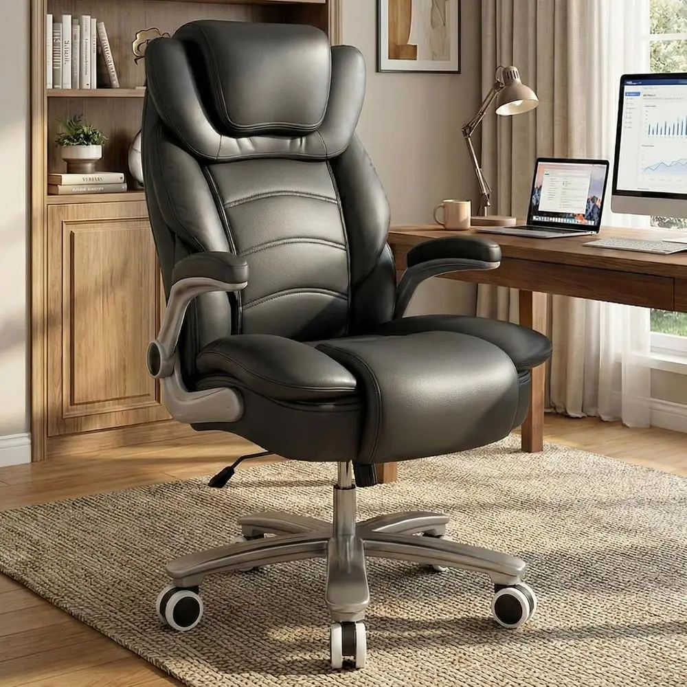 

Ergonomic High-Back Leather Desk Chair with Wide Seat and Flip-Up Arms, 400lb Capacity, Black