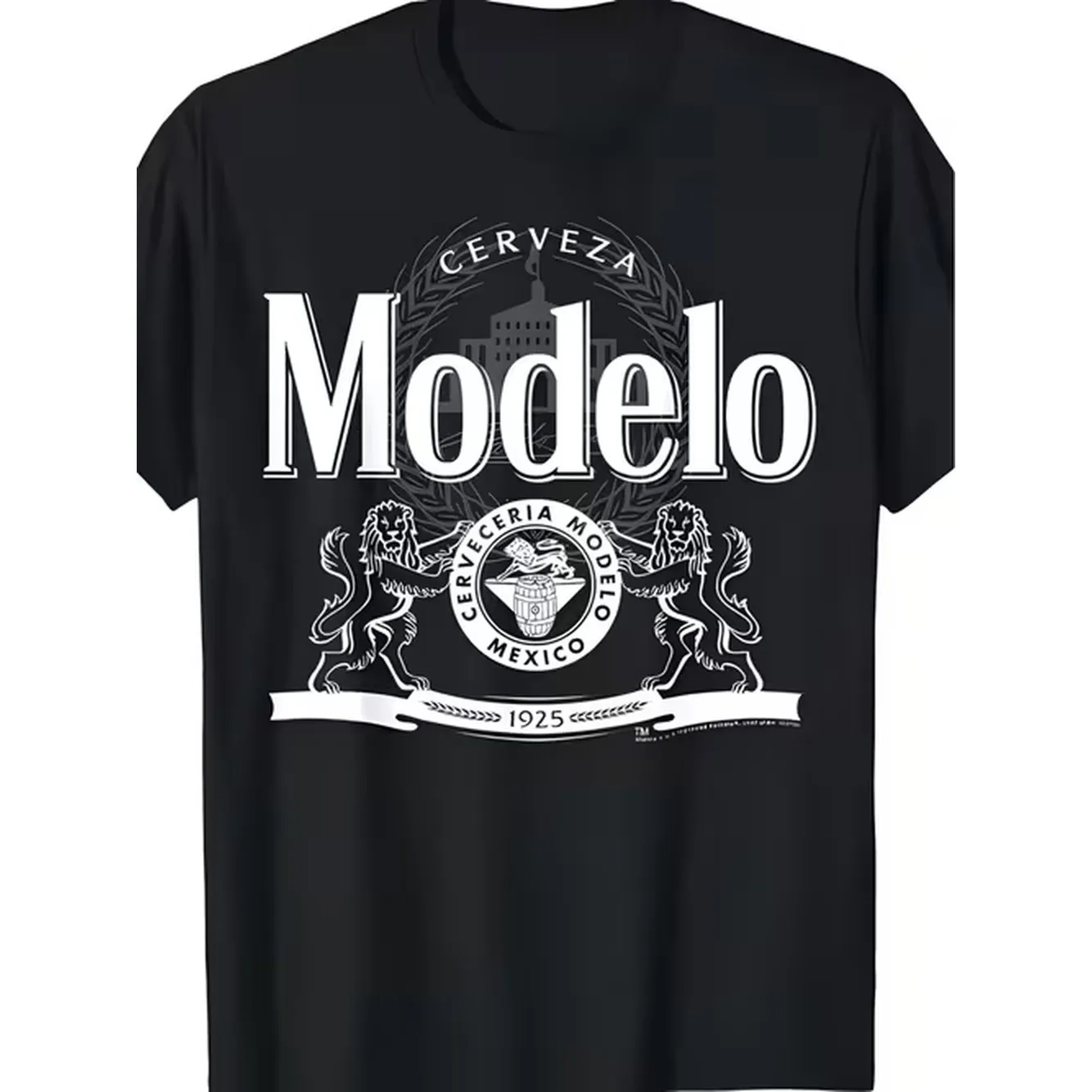 Graphic T Shirt Base With With Circular Cerveza Iconic Brand Logo And Lion Badge In Monochrome Style Fabric For Everyday Casual Wear Lovers And Gifts Local Warehouse Delivery For Easter Halloween Thanksgiving Christmas And
