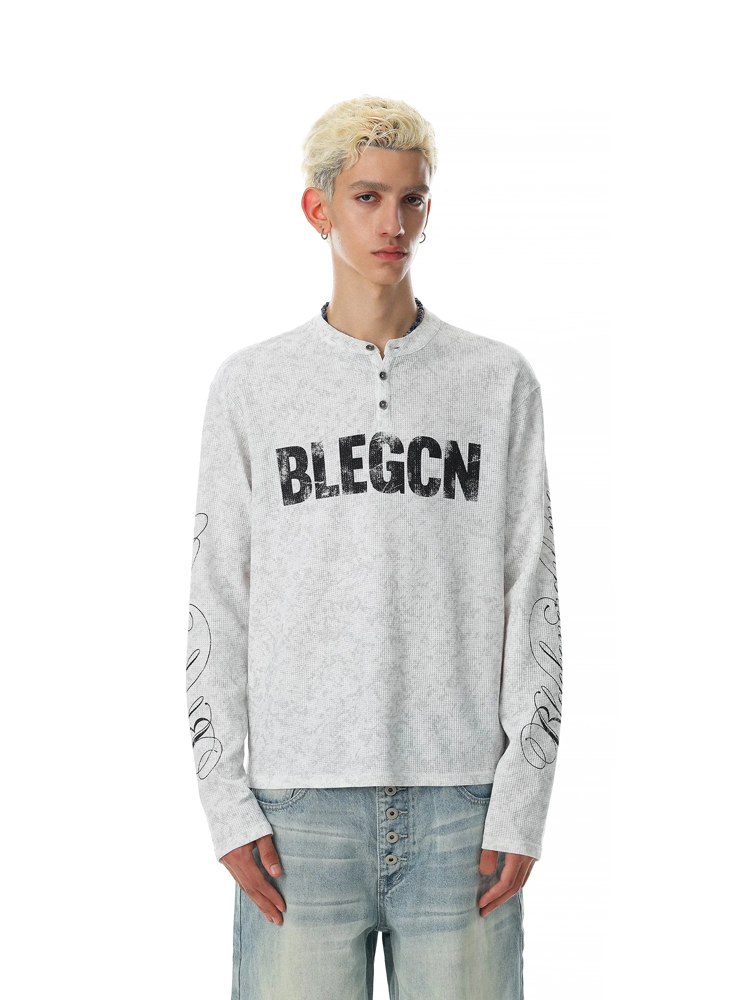 American Retro Long Sleeve T-Shirt Men's Loose Fitting Henry Collar Vintage Style Printed Casual Top for Men